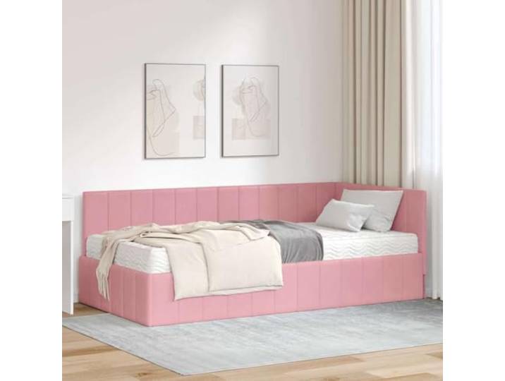 LPERTGFHU Eckbettgestell, Samt Polsterbett 90 x 200 cm, Grau Schlafmöbel Inklusive Schaumstoffmatratze, Mit Samt-Kopfteil, Platzsparendes Design