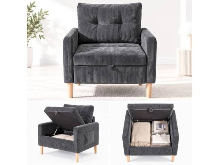 Fabulcozy Einzelsofa aus Cord mit Stauraum, Armlehnen und Seitentasche, Füße aus Gummibaumholz, Sessel für Wohn- und Schlafzimmer