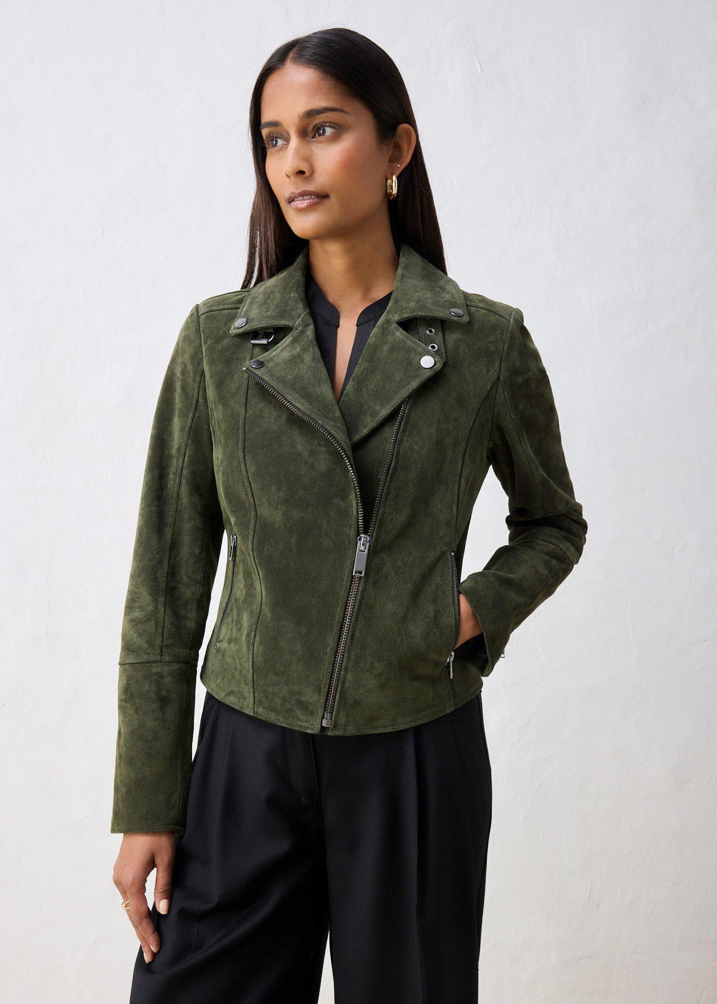 bonprix Biker-Velourslederjacke, grün, Gr.38, coole Biker-Lederjacke aus hochwertigen Veloursleder, aus Veloursleder