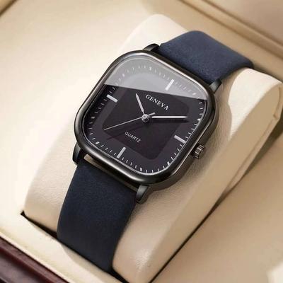 Uplift Essentials Men Square Minimalist Quartz Watch Leather Strap blue Black