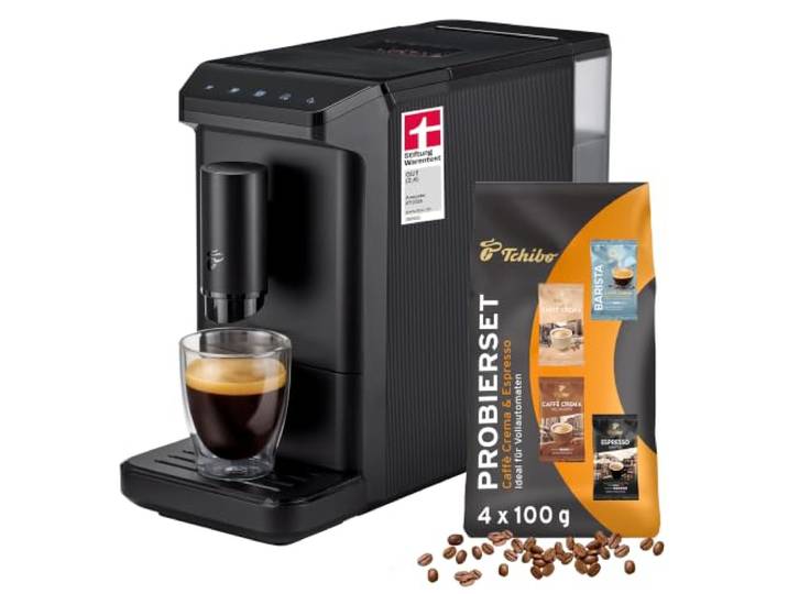 Tchibo Kaffeevollautomat Esperto mini, Schwarz, Kaffeeprobierset gratis Zubereitung von Espresso, Caffè Crema und Caffè XL, kompakt mit nur 16 cm Breite, 1,1 l Wassertank, einfache Reinigung