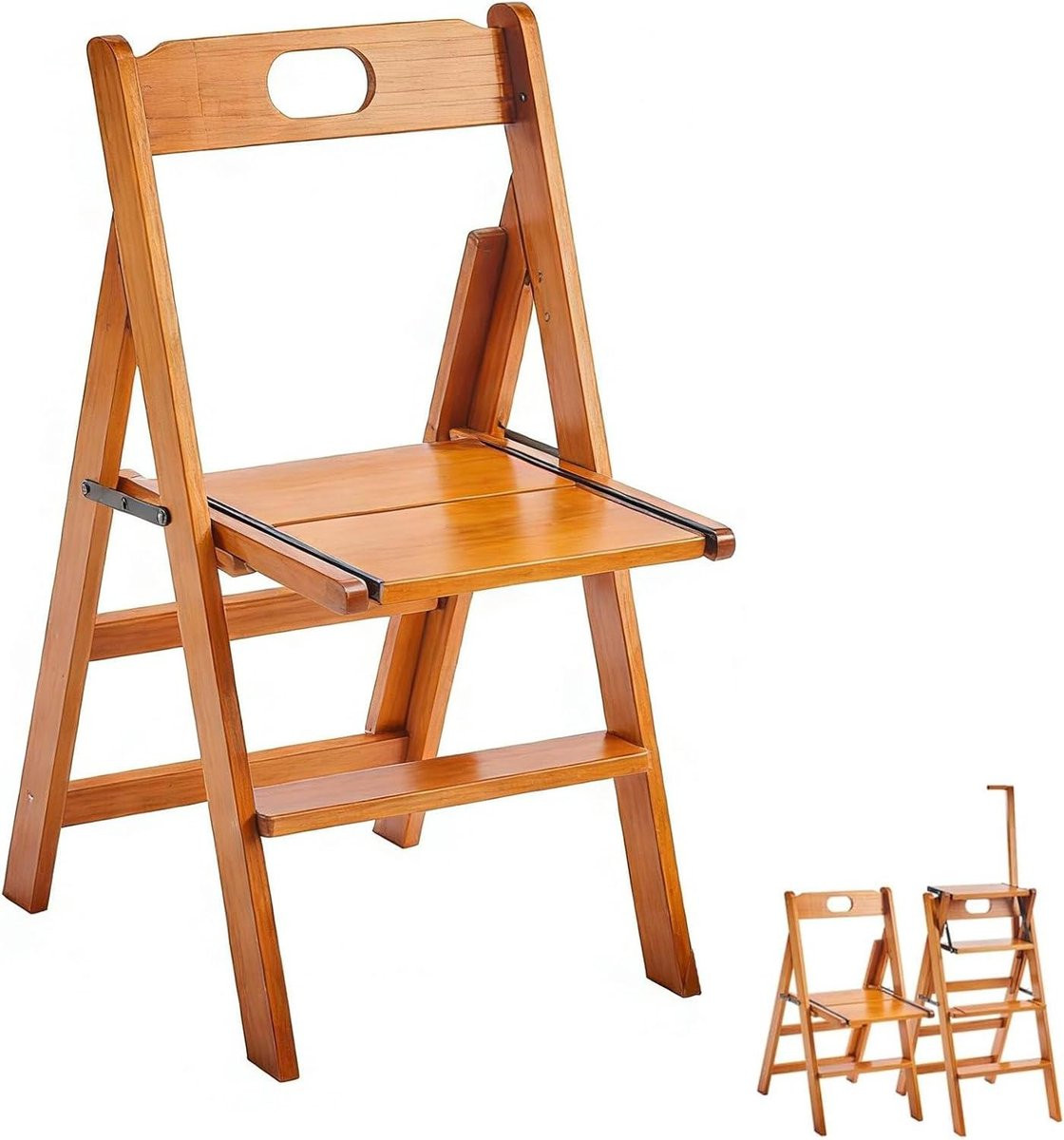 Opvouwbare houten ladderkruk met leuning, 4 trappen, Walnoot