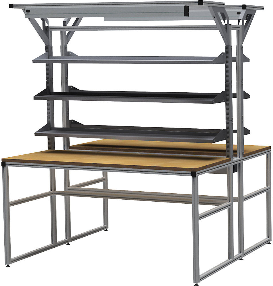 workalu® Arbeitstisch mit Systemaufbau, doppelseitig, 6 Fachböden, 1 Kabelwanne, 2 Arbeitsplatzleuchten, Plattenbreite 1750 mm bedrunka hirth