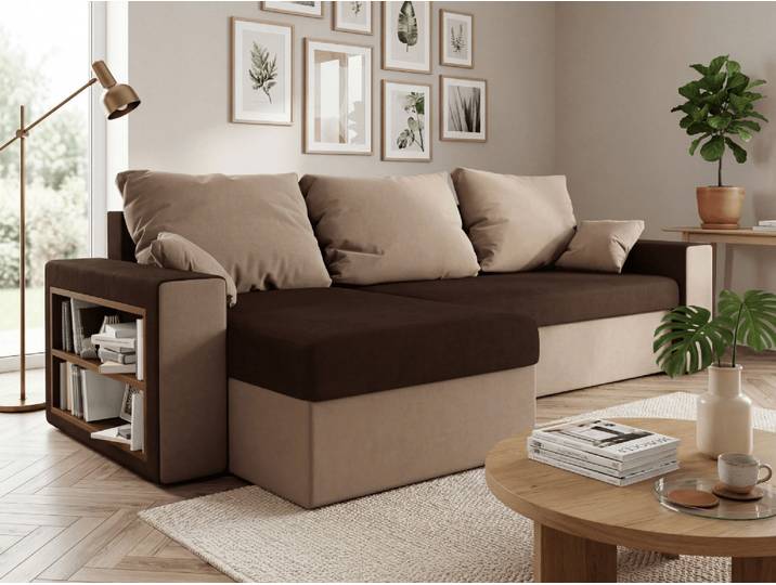 Ausziehbares Ecksofa NORIX 240x140 cm, dunkelbraun/hellbraun mit Regal, beidseitig montierbar + 2 Kissen GRATIS