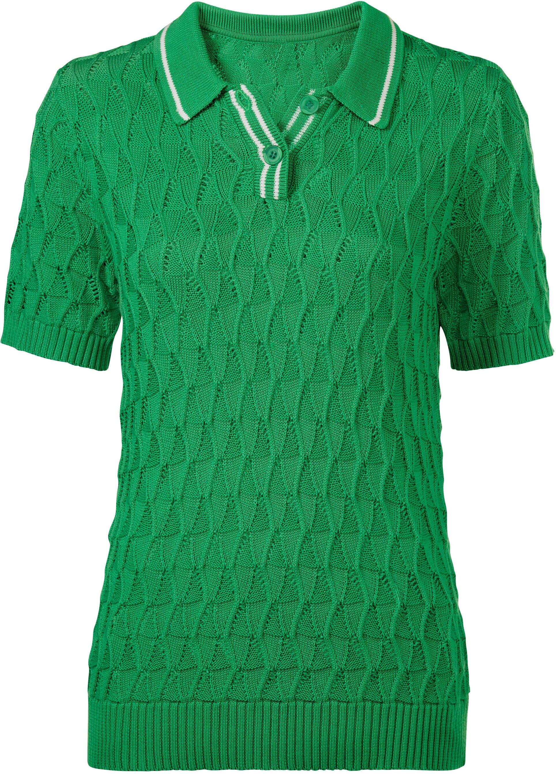 Strickpullover HEINE "Polopullover Polopullover in Ajourstrickmuster", Damen, Gr. 46, grasgrün, Grobstrick, , Modisch, Pullover Strickpullover