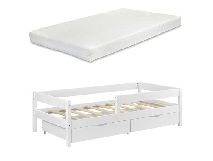 [en.casa] Kinderbett Borgarnes mit Matratze, Weiß, Kiefer, 2 Schubladen, 90x200 cm, Babymöbel & Kindermöbel, Kinderzimmer & Jugendzimmer, Kinderbetten