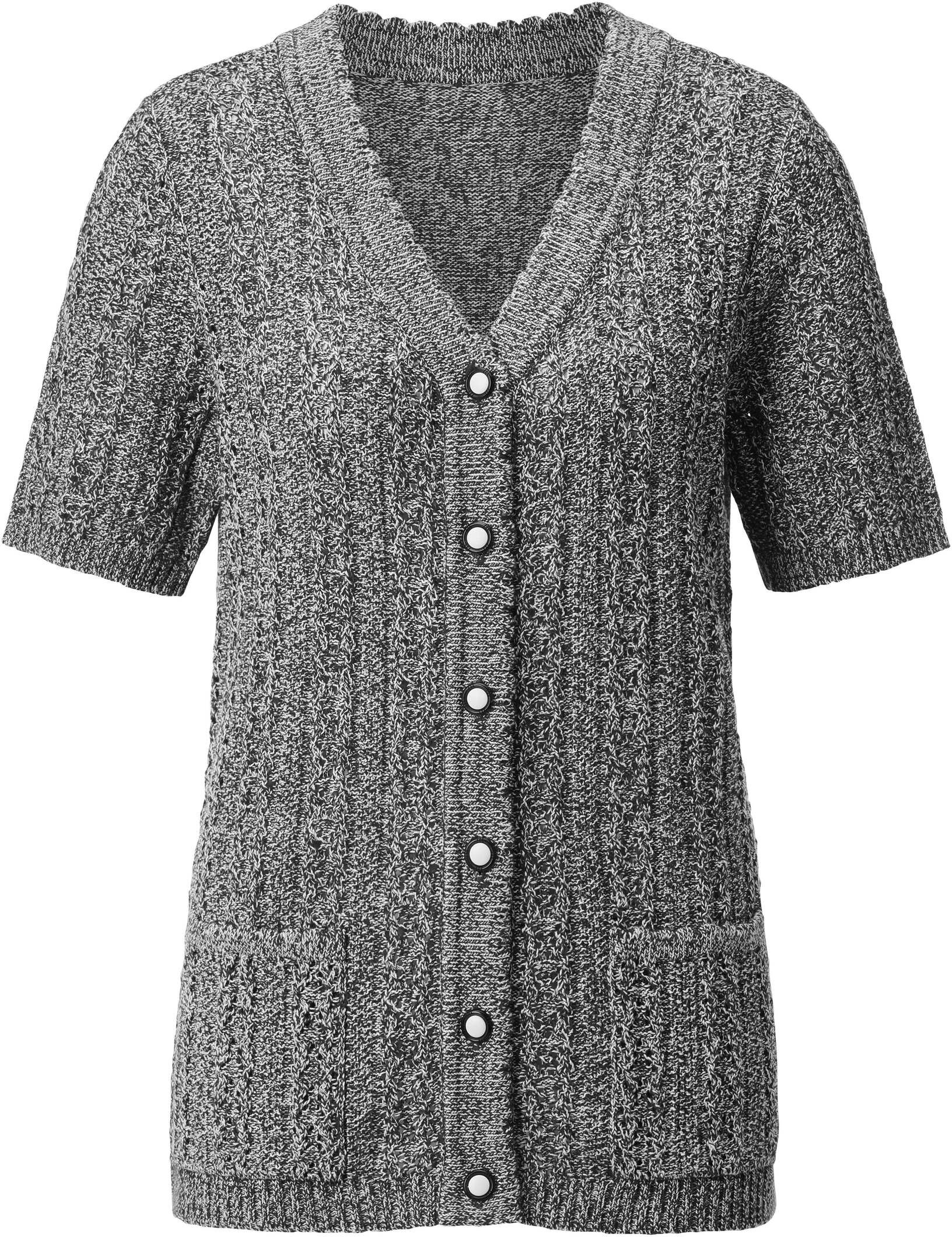 Strickjacke WITT "Strickjacke Ajourstrickjacke mit Taschen, aufgesetzt", Damen, Gr. 54, grau (schwarz, hellgrau, meliert), Basic, V-Ausschnitt, Strickjacken Strickjacke