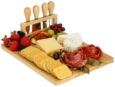 MegaChef Bamboo Charcuterie and Cheese Board with Knife Stand Attachment and 4 Piece Knife Set