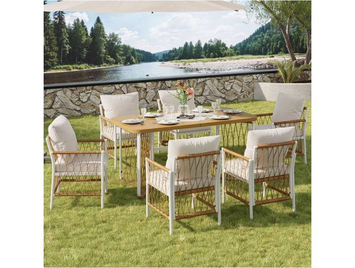 Table et chaises de jardin 6 places ensemble extérieur 1 table 6 chaises avec coussins métal et résine ORVRYN