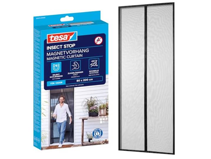 tesa INSECT STOP Magnetvorhang - selbstschließend - Insektenschutzvorhang mit Magneten für Balkon- und Terrassentüren - zur einfachen Montage ohne Bohren - 2,0 m x 0,8 m