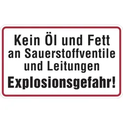 Hinweisschild, Kein Öl u. Fett an Sauerstoffventile, Aluminium, 120 x 200 mm - 200x120x0.45 mm Aluminium geprägt