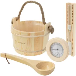 SAUNAZUBEHÖR-SET 4-teilig aus Kiefernholz mit Saunaeimer, Saunakelle, Thermometer-Hygrometer & Sanduhr