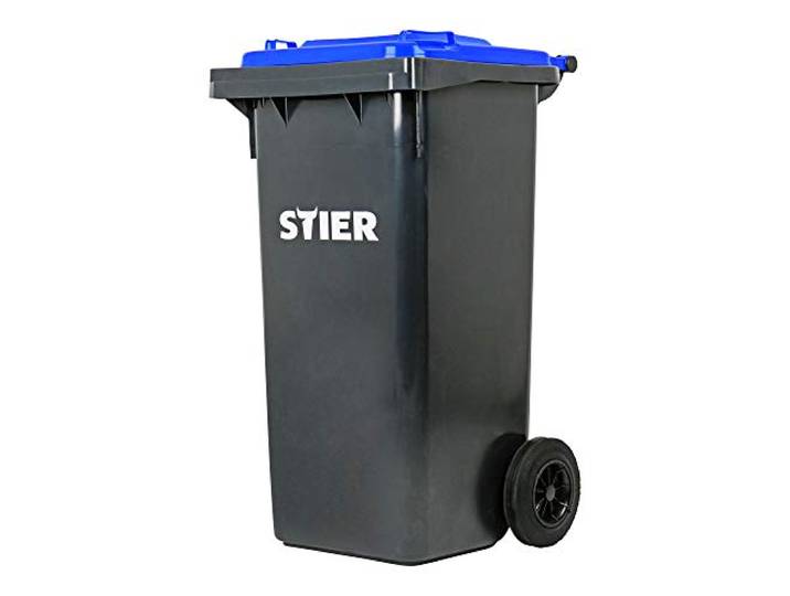 STIER 2-Rad-Müllgroßbehälter, Mülltonne, Volumen 120 Liter, Mülleimer, Tonne Grau, Deckel Blau, Größe: 475 x 550 x 930 mm, Restmülltonne mit Rädern und Deckel