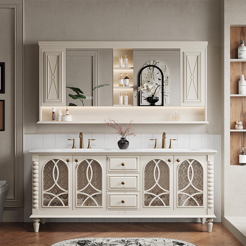 Badmöbel-Set mit Sinterstein Waschbecken und Spiegelschrank, Badezimmer Set, Waschtisch mit Unterschrank, Waschtischkombination Weiß 130cm /JGBAI/