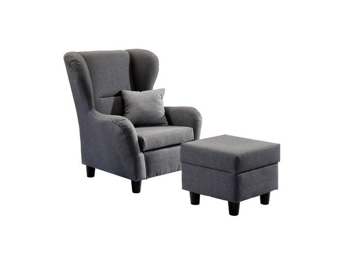 OHRENSESSEL mit HOCKER, hoher Sitzkomfort durch Wellenunterfederung B90/H98/T76 cm, Strukturstoff Grau / 18001