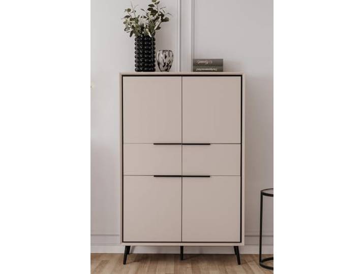 möbelando Highboard >Arona< 4 Türen, 2 Schubladen, 4 Böden, in Sand/Schwarz - 90x140x38cm (BxHxT)