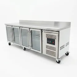 Romux® Kühltisch mit 4 Glastüren 225x60 cm mit Luftkühlung | Theken Kühlschrank aus Edelstahl mit Kapazität 553 L und Leistung 750 W