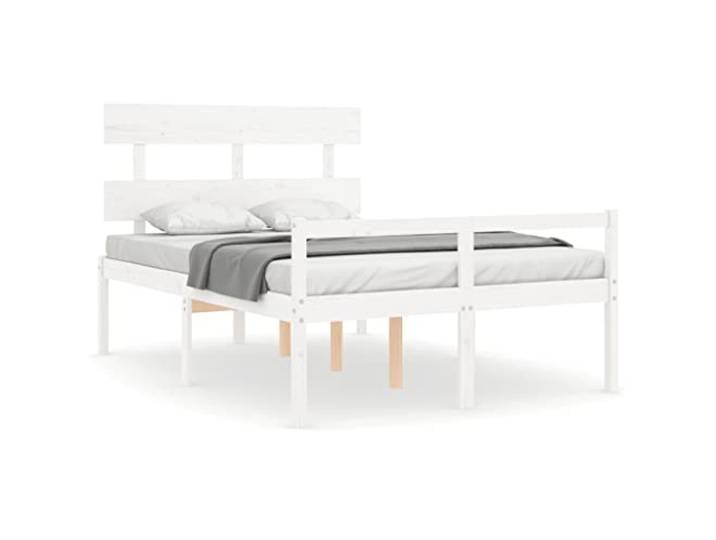 PUGYNBK Massivholzbett, Weiß, Sitzhöhe 45 cm Massives Kiefernholz, Aufbewahrung unten, stabile Leisten, Kopfteil und Trittbrett