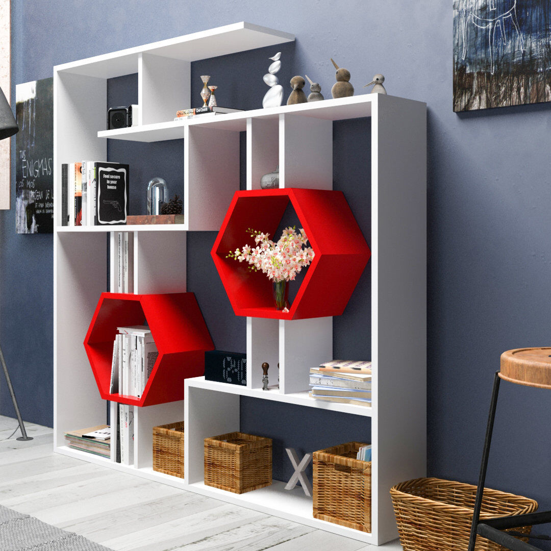 Zipcode Design Swenson 134cm H x 134cm W Bookcase White/Red 134cm H X 134cm W X 22cm D