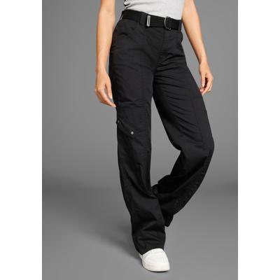 Cargohose KANGAROOS, Damen, Gr. 36, N-Gr, schwarz, Web, Obermaterial: 50% Baumwolle, 46% Polyamid, 4% Elasthan, kontrastfarbene Details, unifarben, bequem bodenlang, Hosen Cargohose, mit besonderem Taschen-Design, Topseller