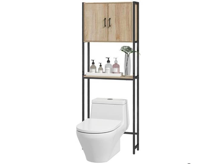 Pont WC - Placard 2 portes et étagère ouverte - 64 x 19 x 178 cm - Chêne clair et noir