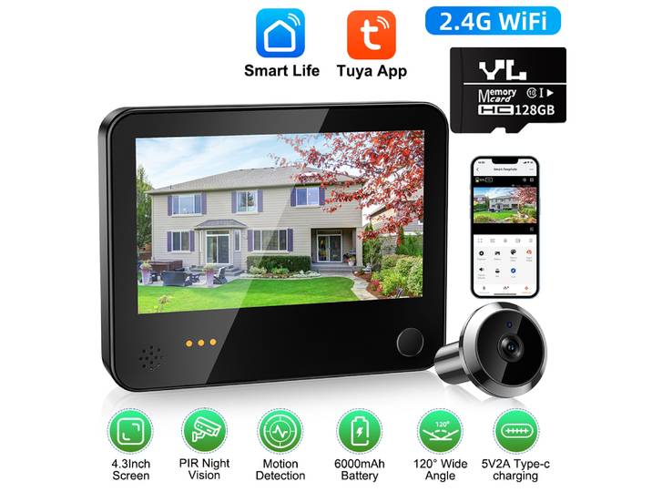 Wifi intelligent Tuya judas 6000mAh sonnette vidéo interphone Vision nocturne porte oeil caméra PIR détection de mouvement enregistrement vidéo