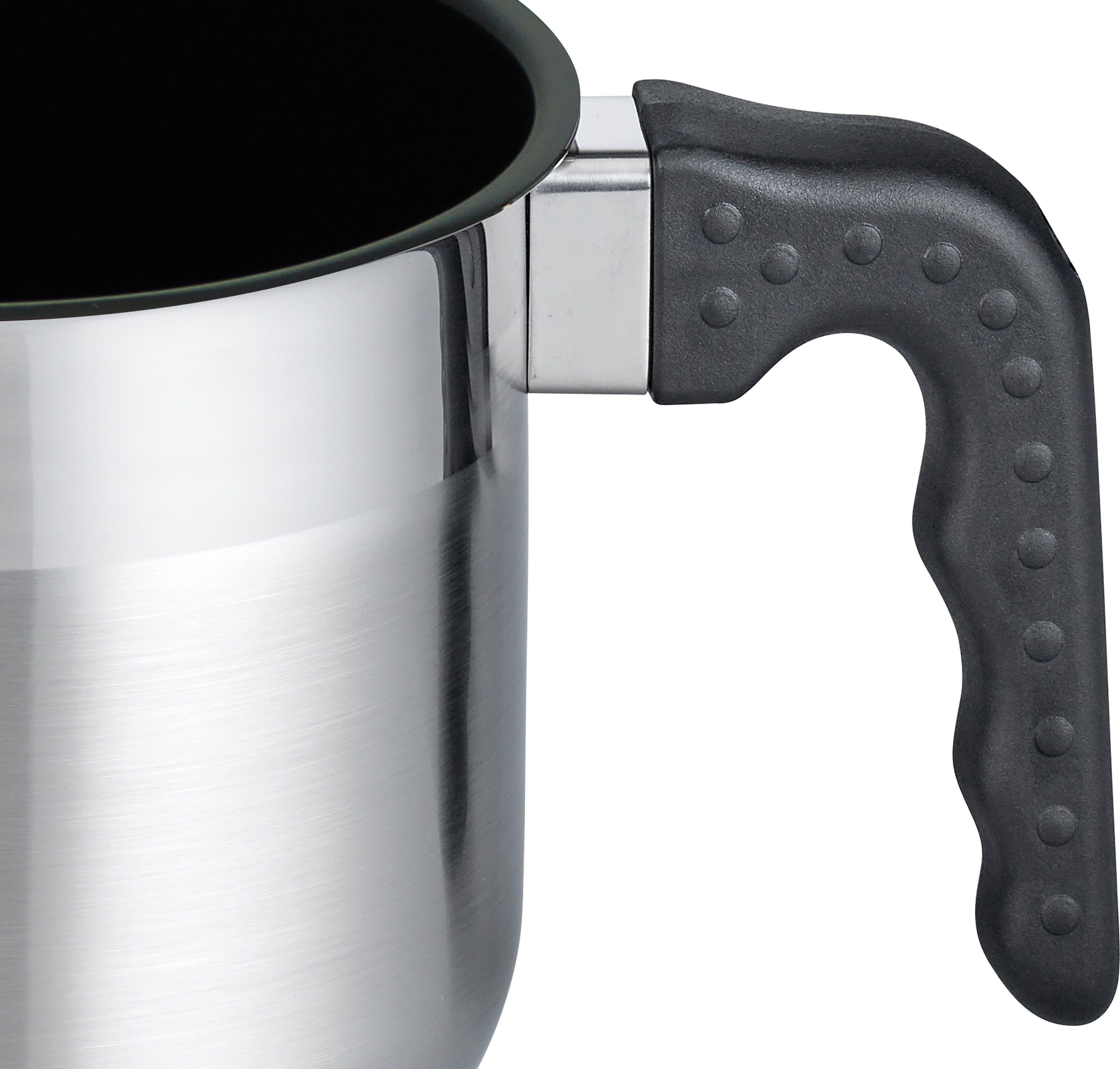 Milchtopf ELO BASIC "Turmalin", silber (silberfarben), B:21,5cm H:12,5cm L:22cm Ø:14cm, Töpfe, Milchtopf, schwarze Kunststoffgriffe mit Edelstahlflammenschutz