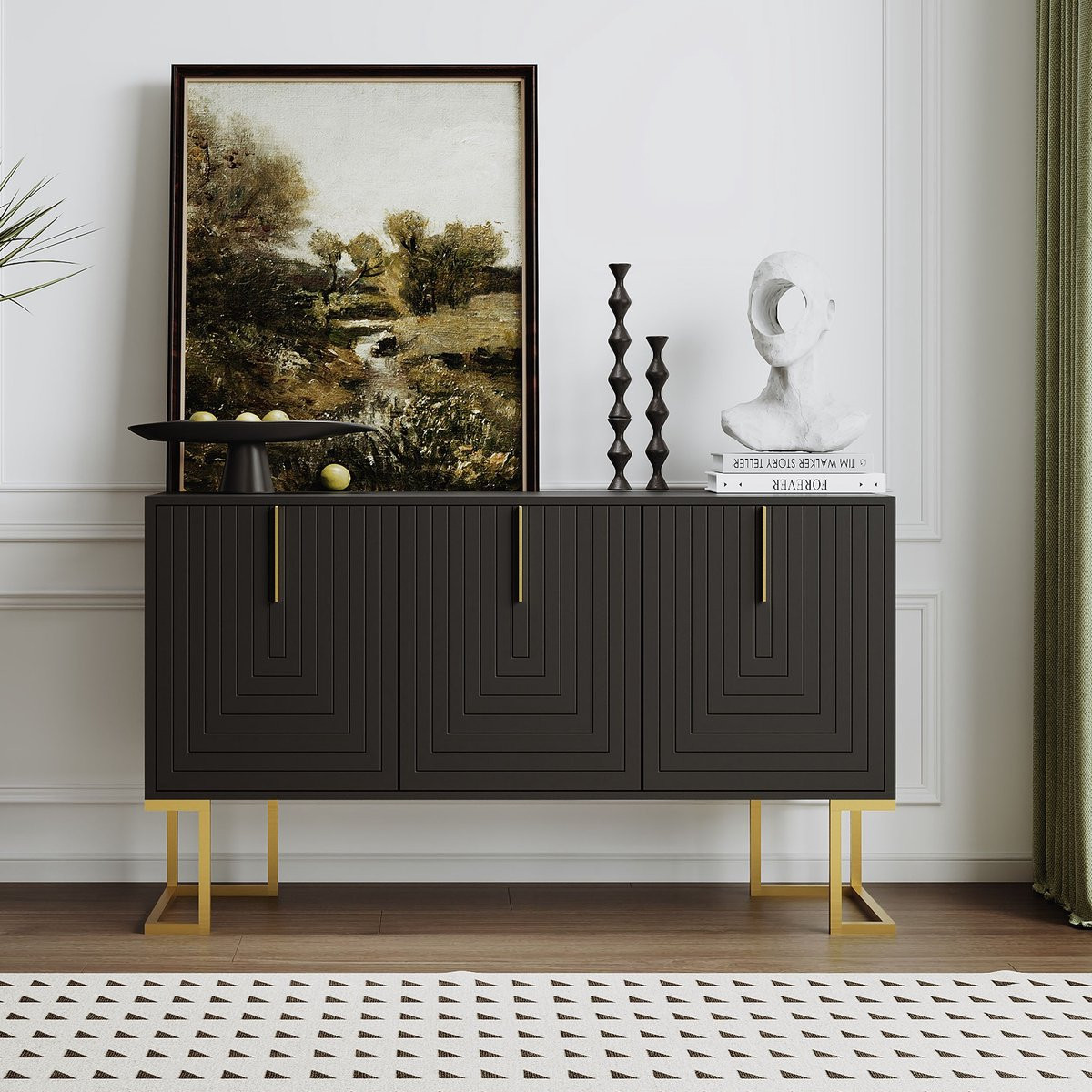 Sweiko Modern 3-deurs Dressoir met verstelbare planken en metalen handgrepen, Zwart