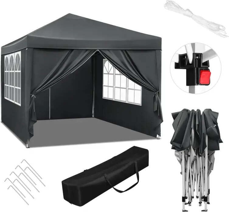 WOLTU Partytent met zijwanden en tuinpaviljoen, waterdicht en weerbestendig, Grijs, 300 x 300 cm