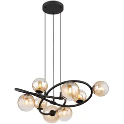 Pendellampe 8 flammig LED Hängeleuchte Esstischlampe Retro Wohnzimmerlampe, schwarz, Glaskugeln amber, 8x 3,5W 8x 350lm warmweiß, DxH 65 x 120 cm