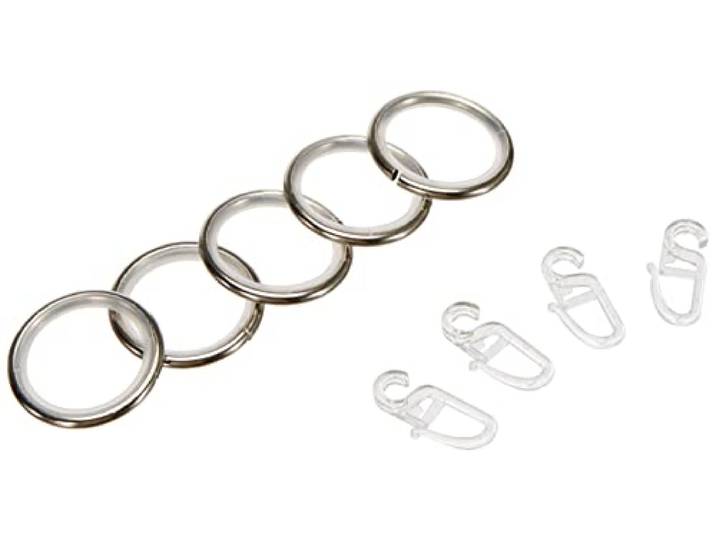 GARDINIA Gardinenringe für Gardinenstangen mit Ø 16 mm - 20 mm, Mit Gleiteinlage und Gardinenhaken, 10 Stück, Breite 4 mm, Kreta, Metall/Kunststoff, Edelstahl-Optik