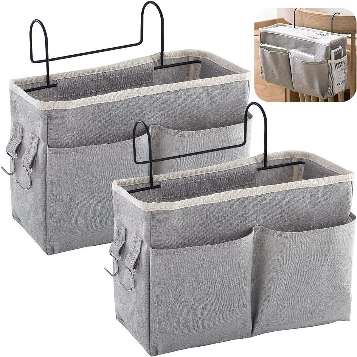 Set van 2 Grijs Textiel Hanging Storage Baskets met handvatten voor bed, slaapkamer of keuken