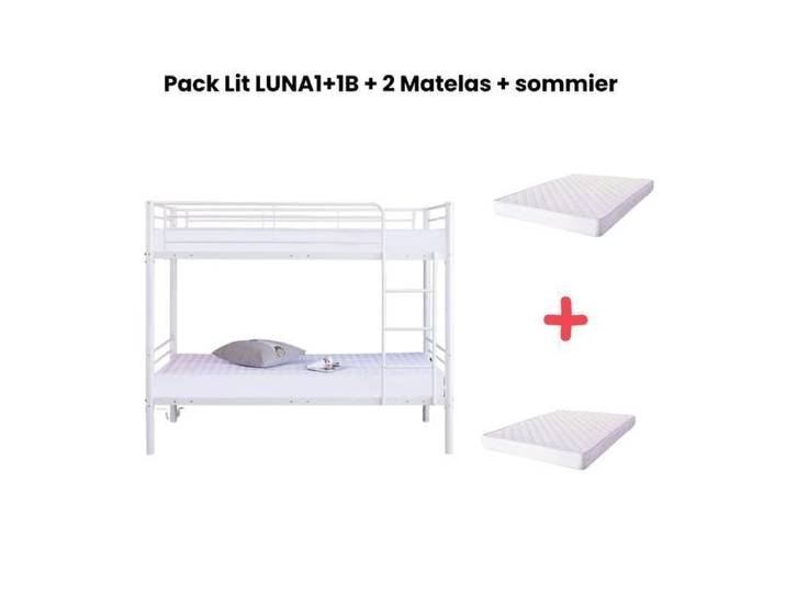 Pack Lit superposé séparable métal 2 couchages 90x190 cm blanc + 2 matelas LUNA
