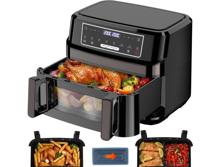 GIDGIMO Heißluftfritteuse 12L XXL 2-in-1 Dual-Zone-Technologie, Doppel-Heizelement Air Fryer, 2600 W, Smart Finish & Match Cook, 8 Programme, Inkl.Trennwand & Rezeptbuch