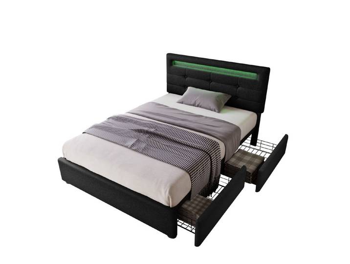 Flieks Polsterbett, LED-Beleuchtung Einzelbett 2 Schubladen Leinen 90x200cm