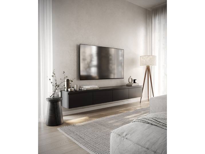 Meuble TV suspendu Bemmi Panneau de particules revêtu Noir/Noir 200cm