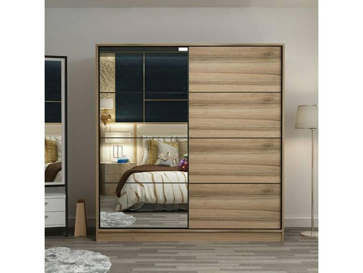 Armoire penderie porte coulissante avec miroir BYRON - Chêne