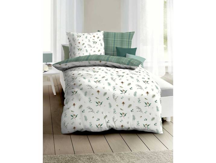 Bettwäsche KAEPPEL Winter Greens , grün, B/L: 135cm x 200cm, 1 Stk., 1 Stk., Feinbiber, B/L: 80cm x 80cm, 2 Stk., Feinbiber, Obermaterial: 100% Baumwolle, Bettwäsche, Bettwäsche, mit Blättern