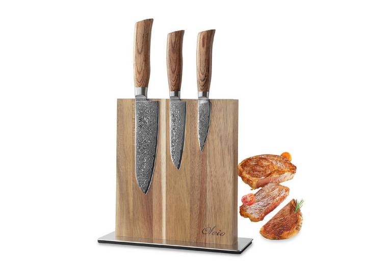 Wakoli Messer-Set Edib Pro 3er Damastmesserset I Holzbox I 8-16cm Klingen & Messerblock (Damastmesser-Set mit Messerblock, 4-tlg., 3 Damastmesser mit Messerblock), beidseitig magnetischer Messerblock