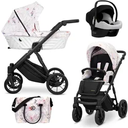 Kunert, Kinderwagen, Ivento 3in1 Kinderwagen in Weiss/Rosa mit schwarzem Rahmen und zarten Blumen