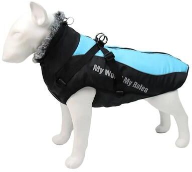 ModernMart Large Dog Winter Coat: Waterproof Jacket With Harness & Furry Collar Blue 3XL