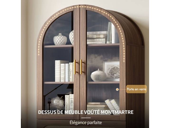 WOVREO Vitrine bibliothèque 80x40x175 cm à 2 portes en verre 2 tiroirs 3 étagères réglables noyer