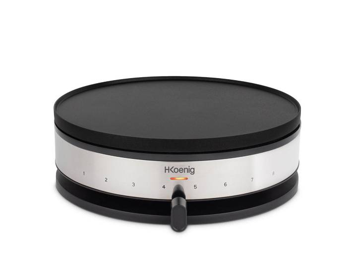 HKoenig Pfannkuchenmaschine Krep56 Schwarz und Silber, 2 in 1 Wendeplatten, Regelbarer Thermostat 230°, Antihaftbeschichtete Kochplatten 33 cm und 10cm, Metall, 33x11x33 cm, Kochgeschirr, Küchengeräte, Küchenmaschinen