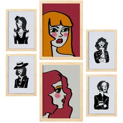 POSTER Set Mit 6 Sate Beauty In Weibliche Zusammenfassung A3 & A4 Rahmen Aus Hellem Holz