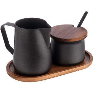 APS Milch-Zucker-Set Miluro 634, Edelstahl/Holz, schwarz/braun, inkl. Tablett