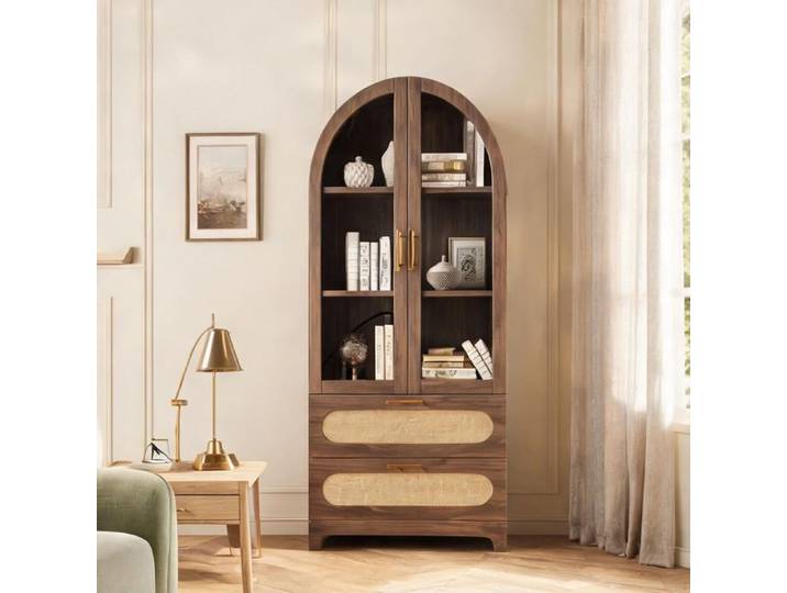 Vitrine arche Montmartre en MDF aspect noyer 2 tiroirs et 3 étagères réglables 175x80x40 cm