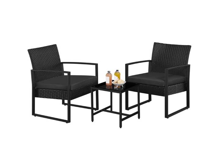Yaheetech Ensemble Mobilier de Jardin 3 Pièces en Rotin Polyester et Métal 1 Table Basse et 2 Fauteuils avec Coussins Noir