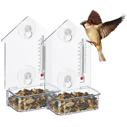 Relaxdays Fenster-Vogelfutterhaus mit Thermometer Rot,Transparent