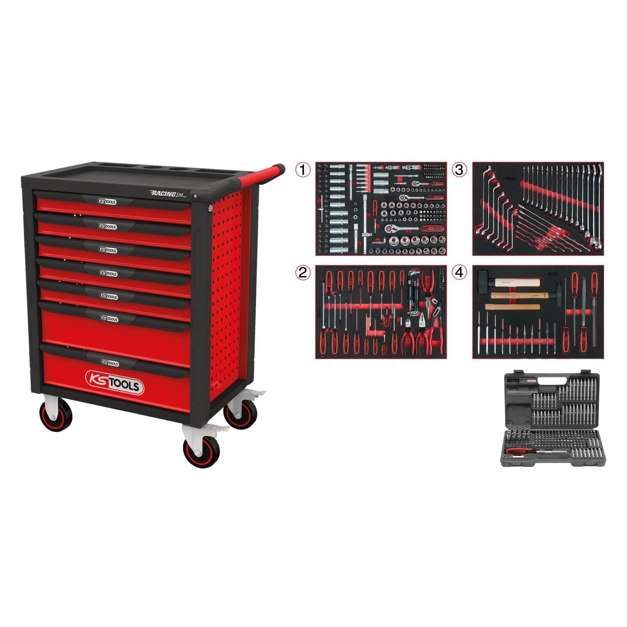 KS Tools RACINGline SCHWARZ/ROT Werkstattwagen mit 7 Schubladen und 515 Premium-Werkzeugen (826.7515)
