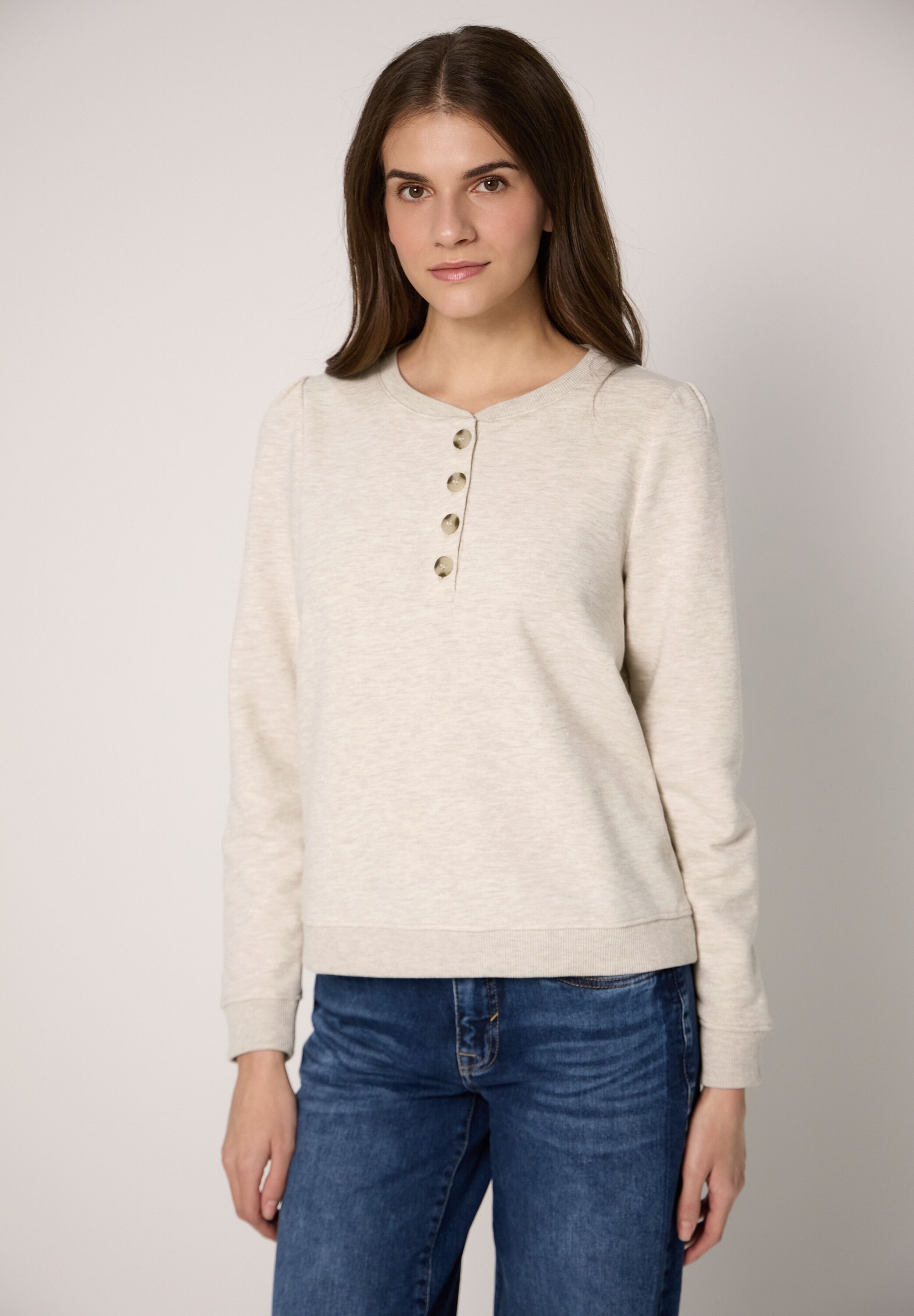 Langarmshirt STREET ONE STUDIO, Damen, Gr. 46, beige (buffed beige meliert), Web, 65% Baumwolle, 35% Polyester, unifarben, normal normal, Rundhals, Bündchen, Shirts Langarmshirt, mit Knopfleiste